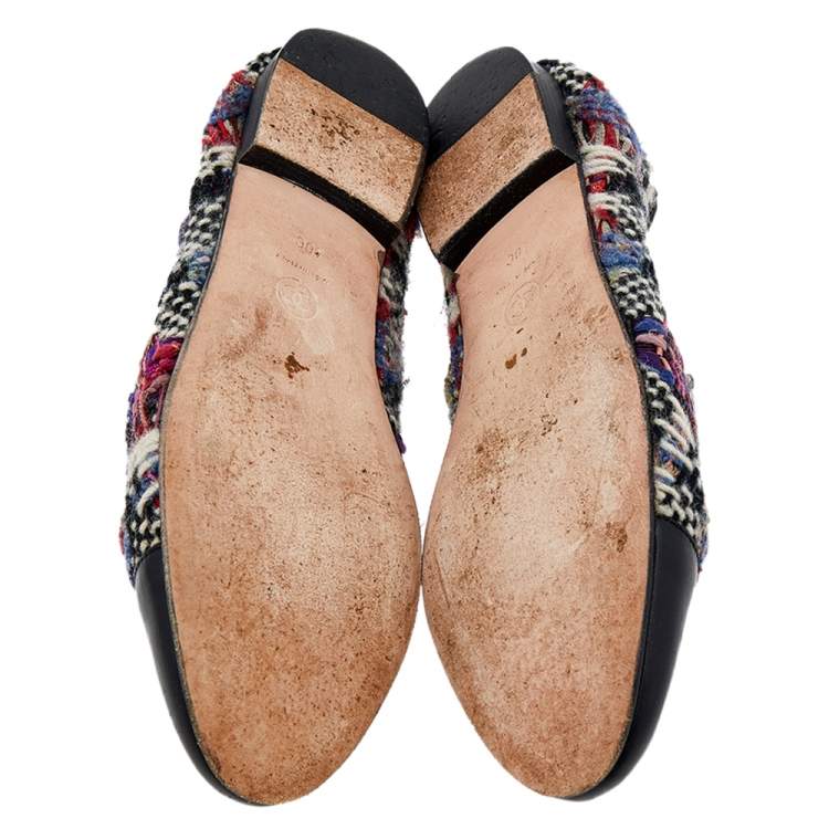 Pre Owned Chanel Multicolor Printed Tweed And Leather Loafers Size 40