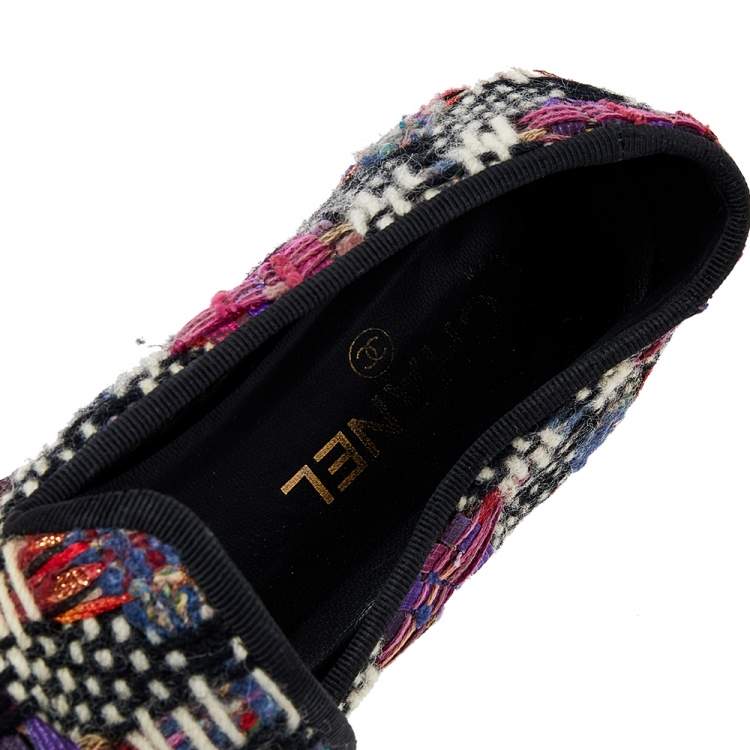 Pre Owned Chanel Multicolor Printed Tweed And Leather Loafers Size 40