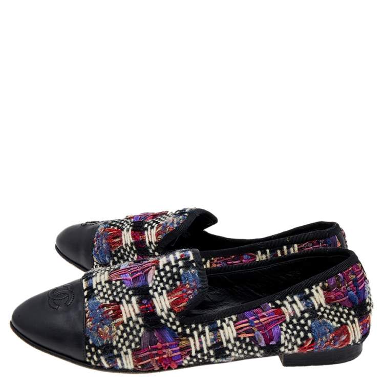 Pre Owned Chanel Multicolor Printed Tweed And Leather Loafers Size 40