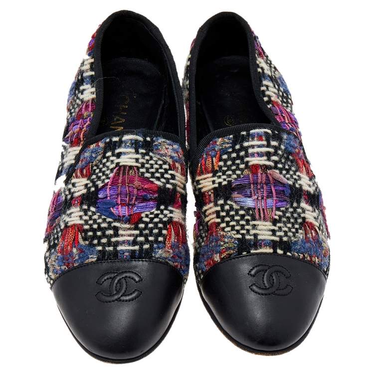 Pre Owned Chanel Multicolor Printed Tweed And Leather Loafers Size 40