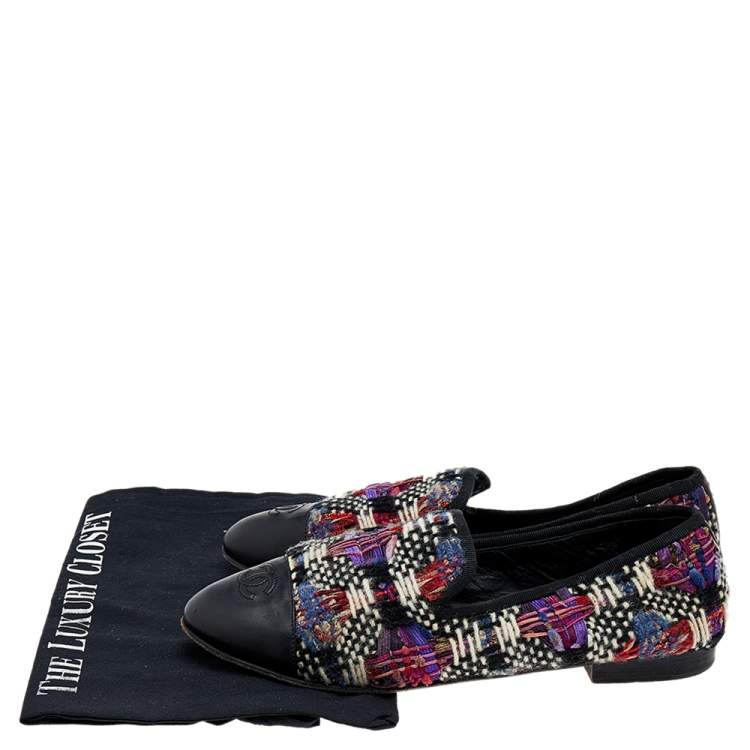 Pre Owned Chanel Multicolor Printed Tweed And Leather Loafers Size 40