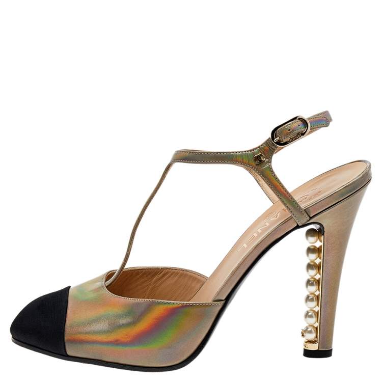 Chanel Multicolor Iridescent Leather And Fabric CC Pearl Embellished T  Strap Sandals Size 40 Chanel | TLC