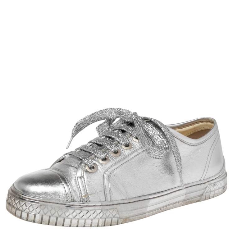 Chanel Metallic Silver Leather Lace Up Sneakers Size 38 Chanel | TLC