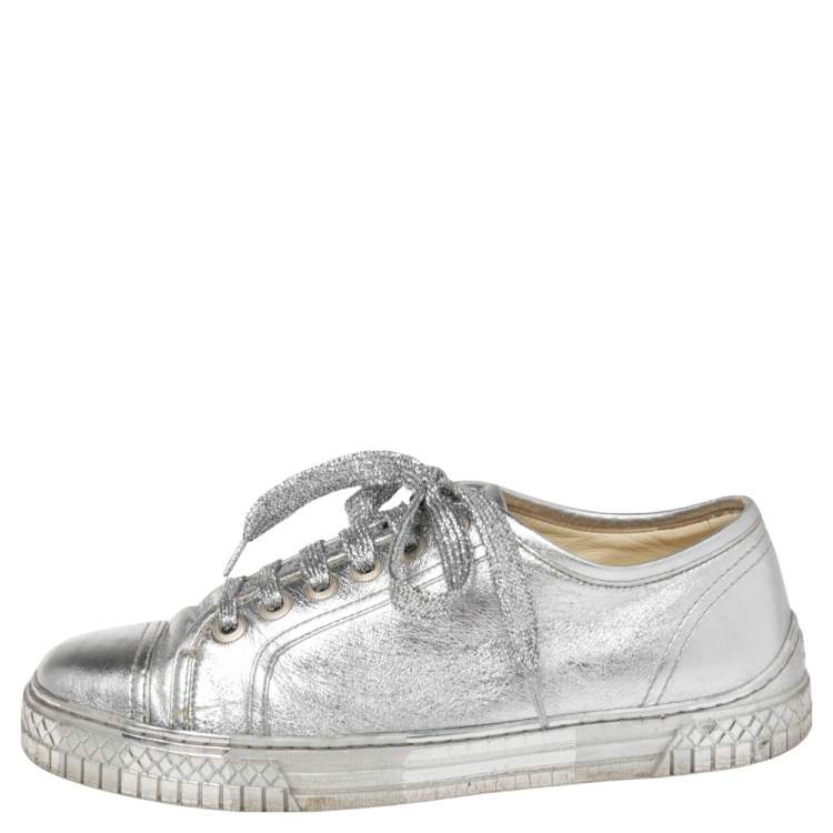 Chanel Metallic Silver Leather Lace Up Sneakers Size 38 Chanel