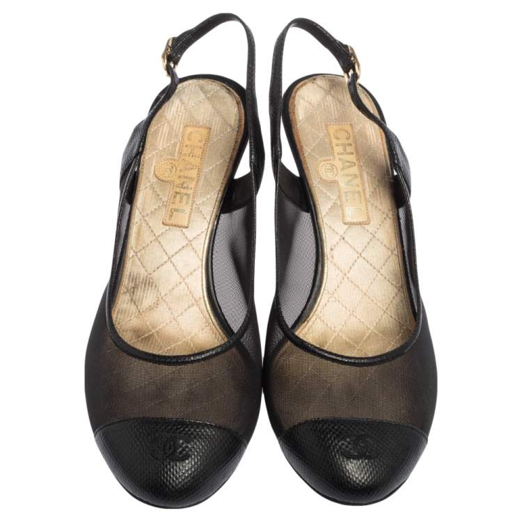 Pre Owned Chanel Black Mesh And and Lizard CC Cap Toe Slingback Sandals Size 36.5