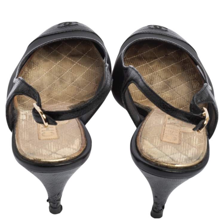 Pre Owned Chanel Black Mesh And and Lizard CC Cap Toe Slingback Sandals Size 36.5
