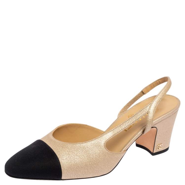 Chanel Gold/Black Textured Leather And Canvas CC Cap Toe Slingback Pumps  Size 39 Chanel | The Luxury Closet