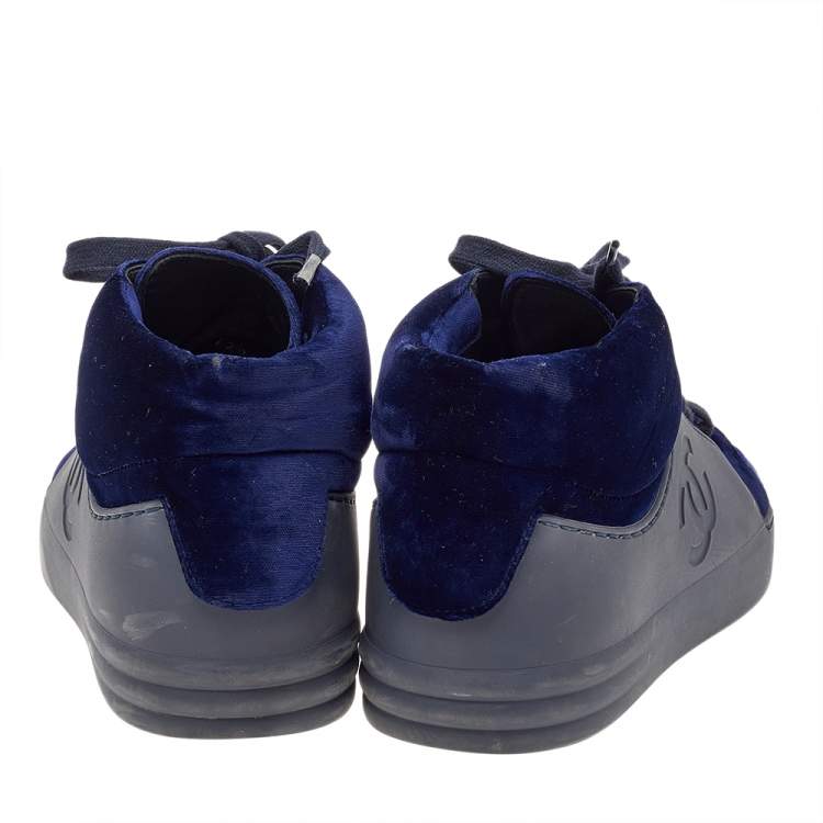 Pre Owned Chanel Navy Blue Velvet And Rubber CC High Top Sneakers Size 37.5