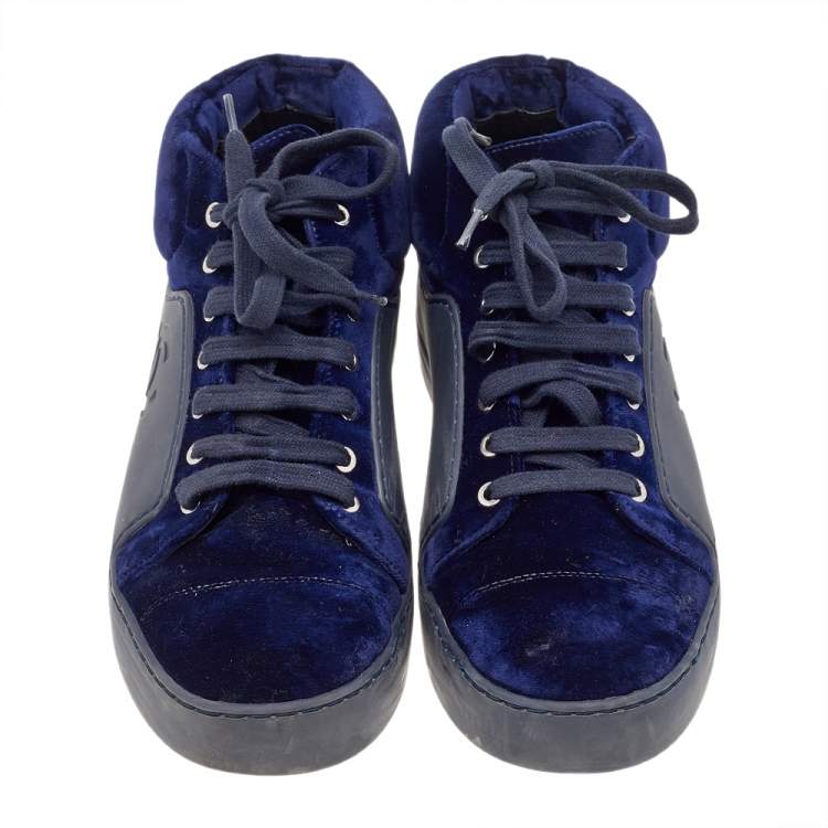 Pre Owned Chanel Navy Blue Velvet And Rubber CC High Top Sneakers Size 37.5