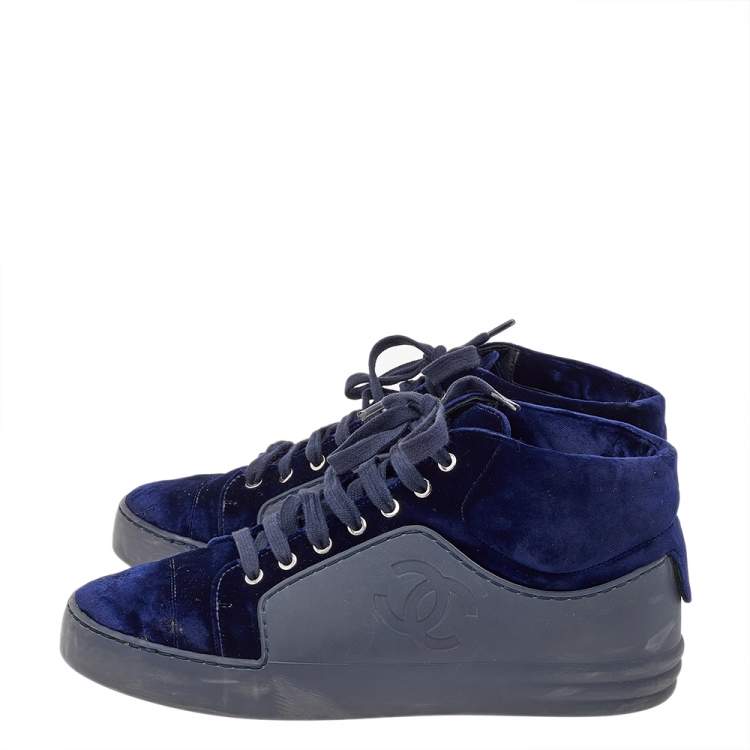 Pre Owned Chanel Navy Blue Velvet And Rubber CC High Top Sneakers Size 37.5