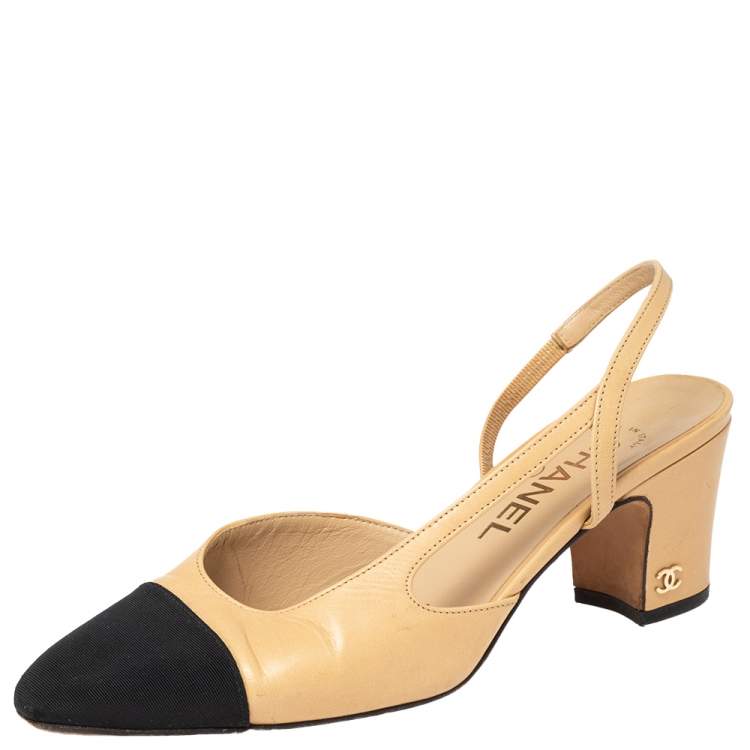 Chanel Beige Patent and Black Cap Toe Mules - 37