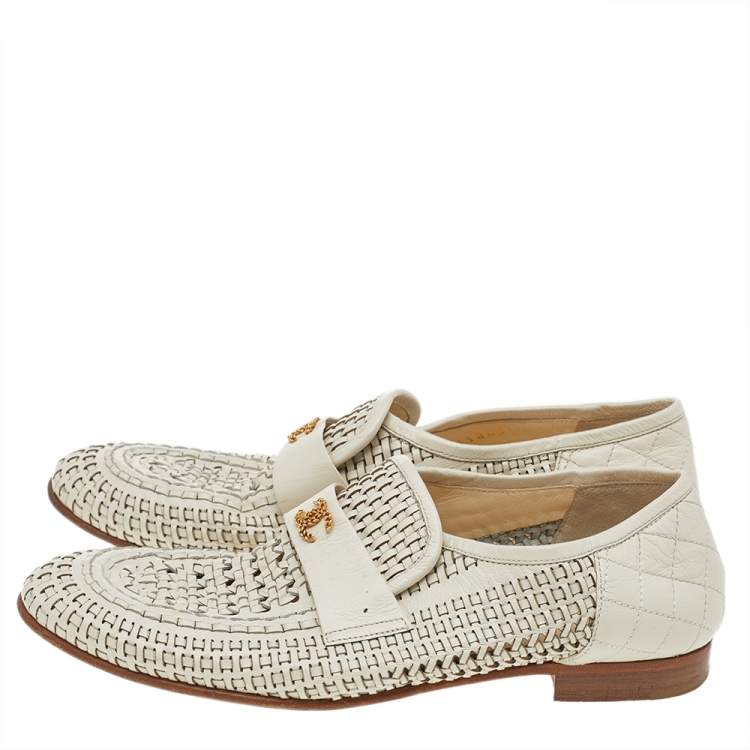 Pre Owned Chanel Cream Woven Leather CC Slip On Loafers Size 38