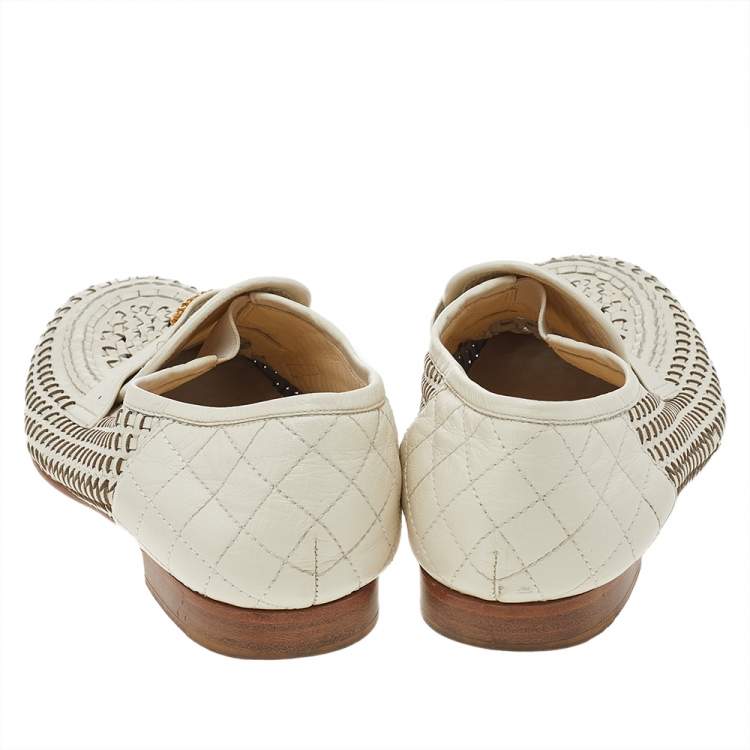 Pre Owned Chanel Cream Woven Leather CC Slip On Loafers Size 38