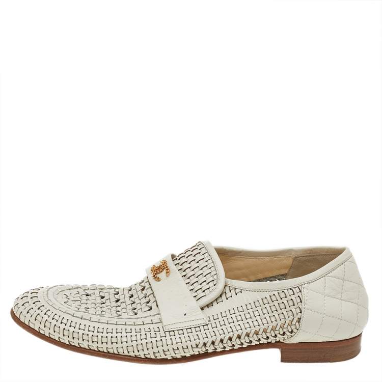Chanel Cream Woven Leather CC Slip On Loafers Size 38 Chanel