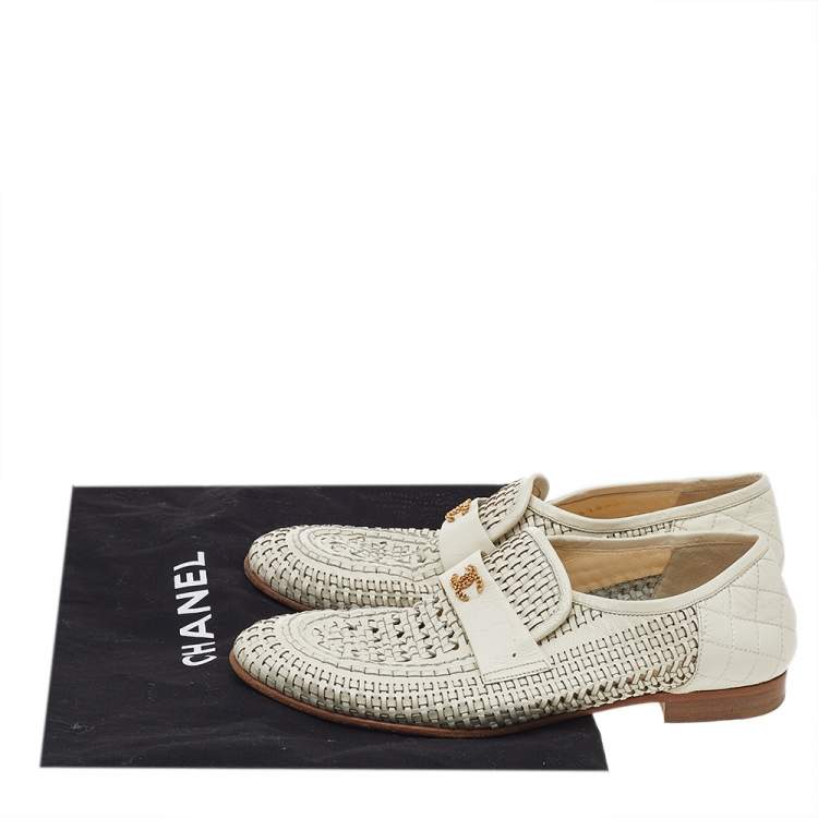 Pre Owned Chanel Cream Woven Leather CC Slip On Loafers Size 38