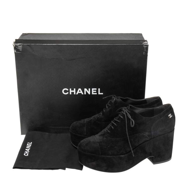 Pre Owned Chanel Black Suede CC Cap Toe Wedge Oxford Size 41