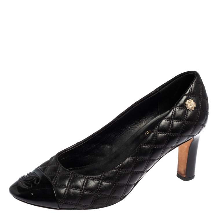 Chanel Black Quilted Leather CC Cap Toe Camellia Embellished Pumps