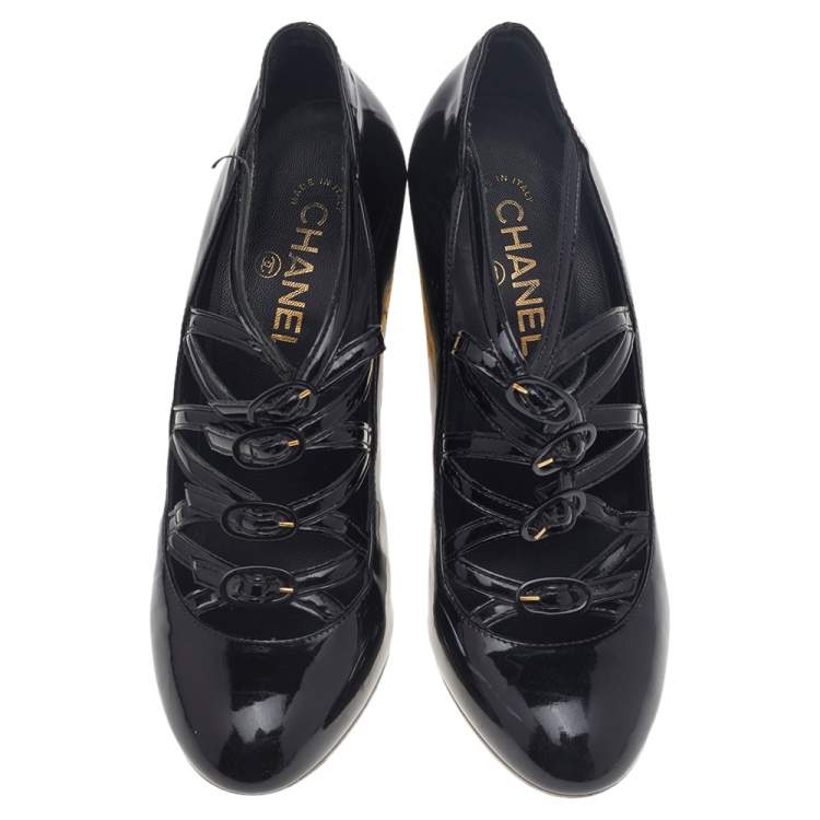مملوكة مسبقًا Chanel Black Patent Leather Cage Heel Strappy Pumps Size 39.5