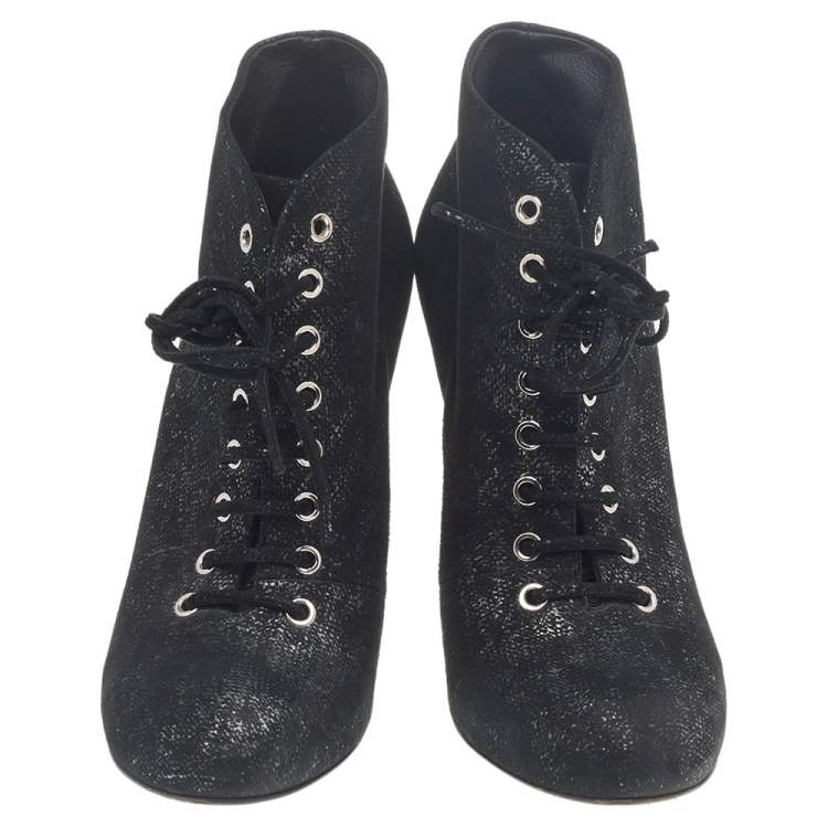 Pre Owned Chanel Black/Silver Suede Pearl Heel Lace Up Ankle Boots Size 38