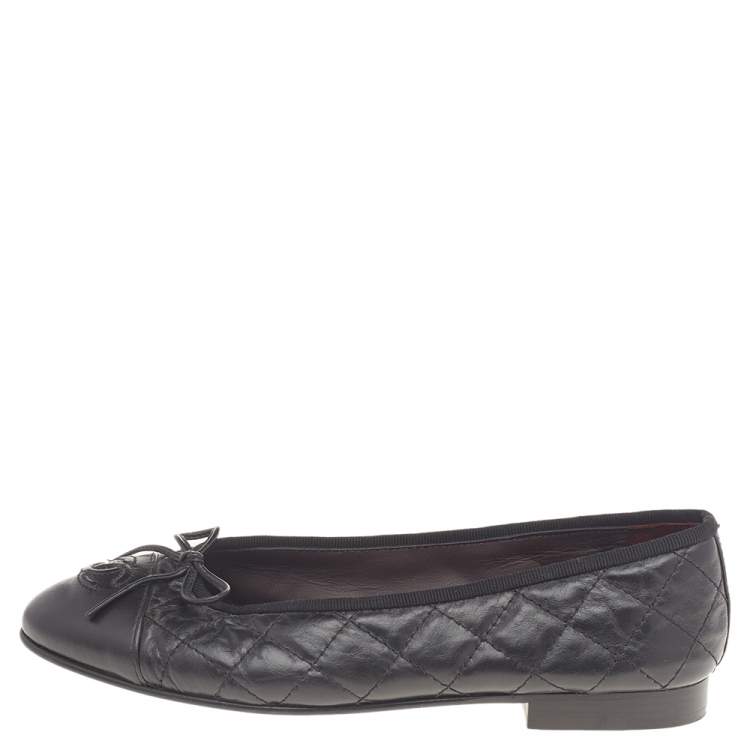 Chanel Black Quilted Leather Bow CC Cap Toe Ballet Flats Size 36 Chanel
