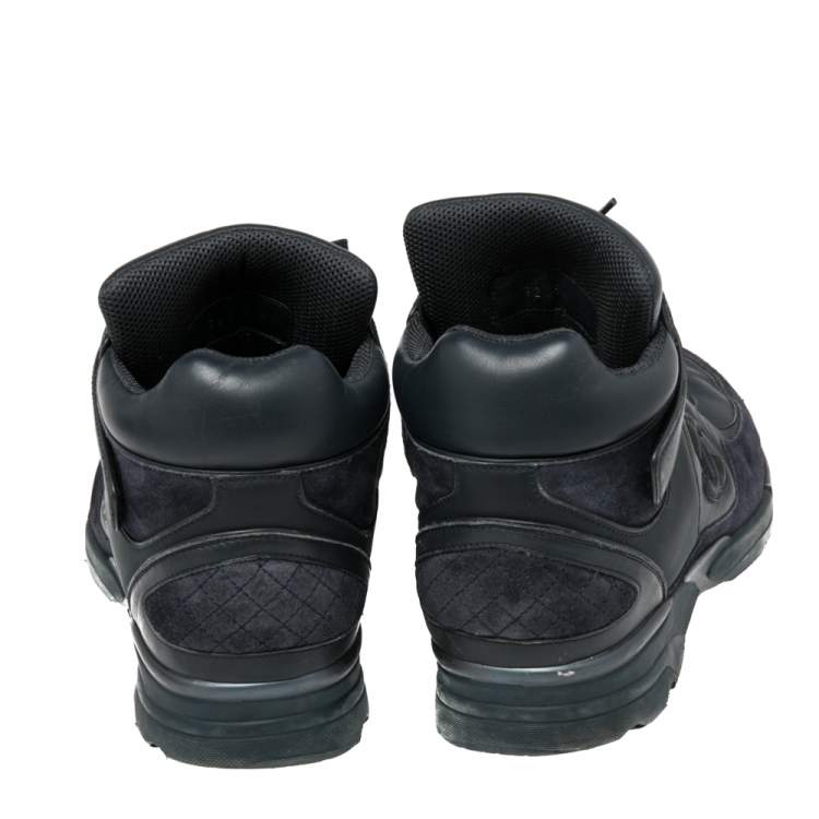 Pre Owned Chanel Navy Blue Leather And Suede CC High Top Sneakers Size 45