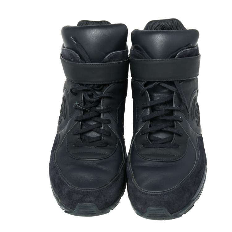 Pre Owned Chanel Navy Blue Leather And Suede CC High Top Sneakers Size 45