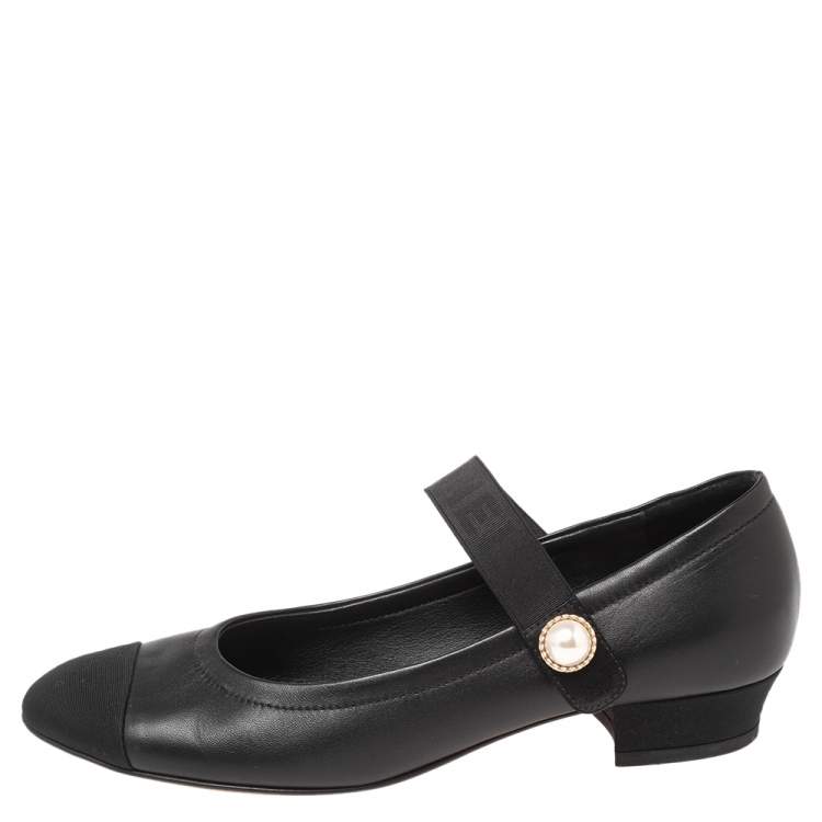 Chanel Black Leather And Fabric Faux Pearl Embellished Cap Toe