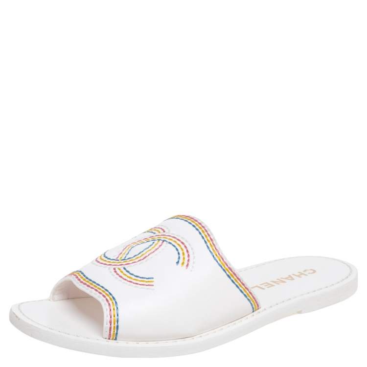 Chanel White Leather CC Logo Slides Size 37 Chanel | The Luxury Closet