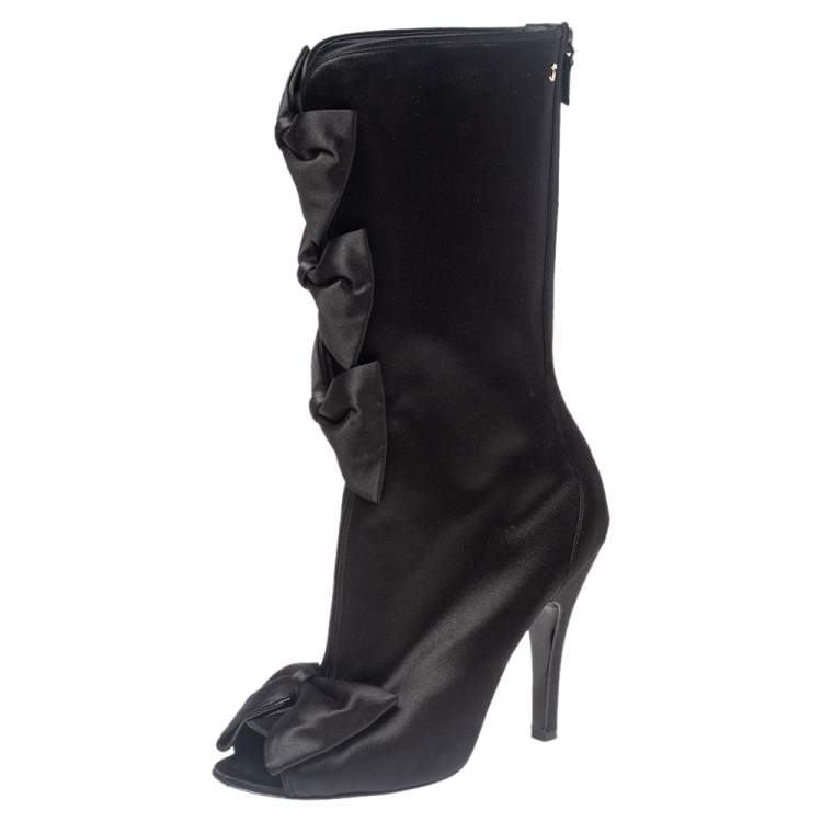 Chanel Black Satin CC Bow Peep Toe Booties Size 38.5 Chanel | The Luxury  Closet