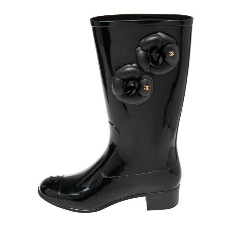 Chanel Black Camellia Rubber Rain Boots Size 38 Chanel