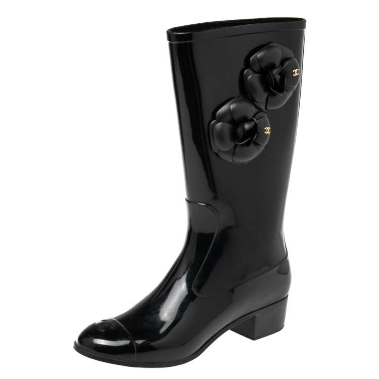 Chanel Black Camellia Rubber Rain Boots Size 38 Chanel | The Luxury Closet