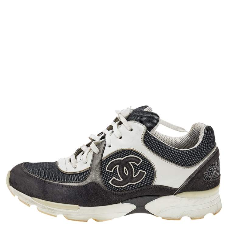 CHANEL Velvet Calfskin Mixed Fibers CC Sneakers 38 Ivory Black 1214743