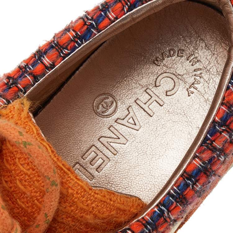 Pre Owned Chanel Orange/Gold Tweed And Suede CC Low Top Sneakers Size 38