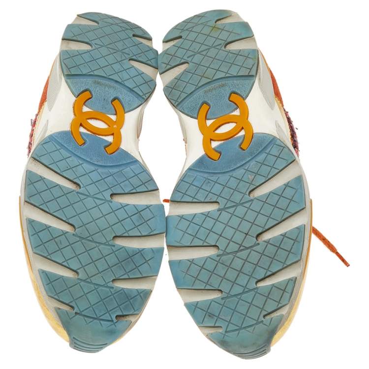 Pre Owned Chanel Orange/Gold Tweed And Suede CC Low Top Sneakers Size 38
