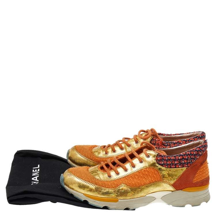 Pre Owned Chanel Orange/Gold Tweed And Suede CC Low Top Sneakers Size 38