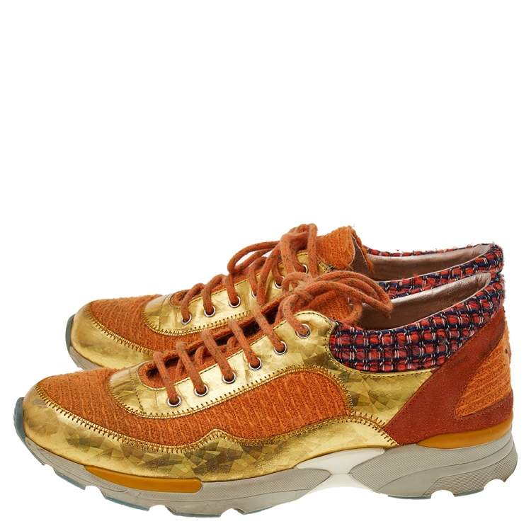 Pre Owned Chanel Orange/Gold Tweed And Suede CC Low Top Sneakers Size 38