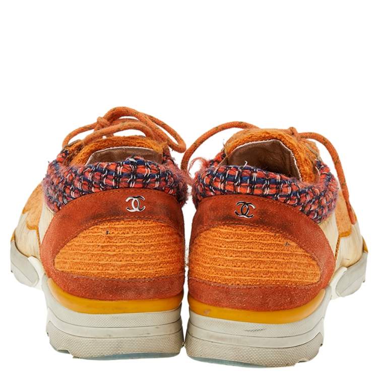 Pre Owned Chanel Orange/Gold Tweed And Suede CC Low Top Sneakers Size 38