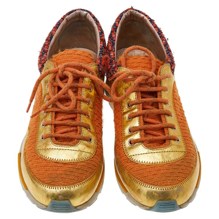Pre Owned Chanel Orange/Gold Tweed And Suede CC Low Top Sneakers Size 38