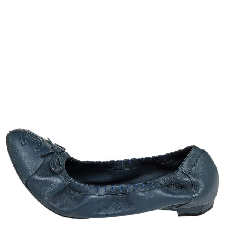 Chanel Blue Leather CC Bow Scrunch Ballet Flats Size 39 Chanel