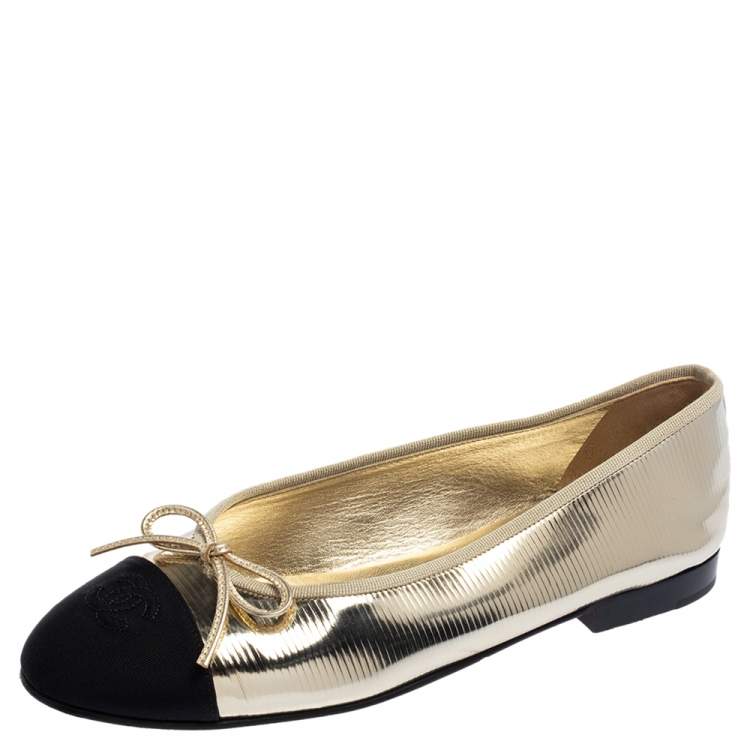 Chanel Black-Gold Leather And Fabric CC Cap Toe Ballet Flats Size