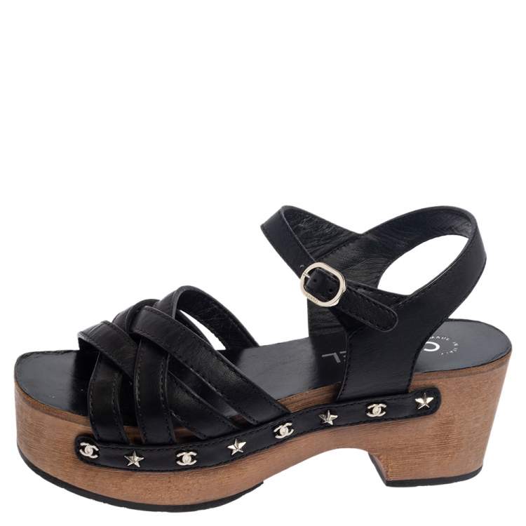 Chanel Black Leather Strappy Wooden Platform Sandals Size 37 Chanel