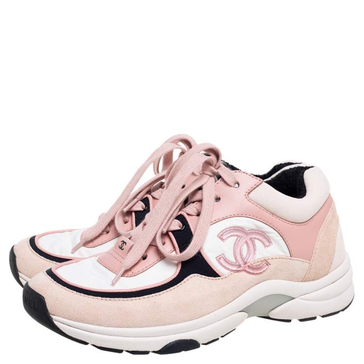 Pre Owned Chanel Multicolor Neoprene And Suede Leather CC Logo Lace Up Sneakers Size 36