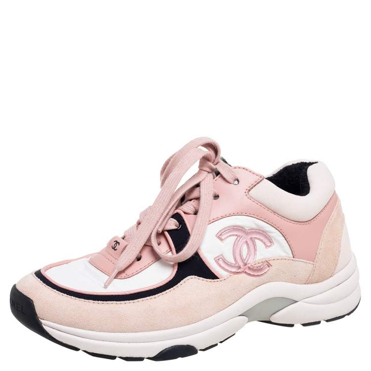 Pre Owned Chanel Multicolor Neoprene And Suede Leather CC Logo Lace Up Sneakers Size 36
