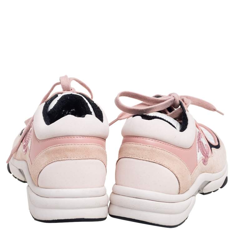 Pre Owned Chanel Multicolor Neoprene And Suede Leather CC Logo Lace Up Sneakers Size 36