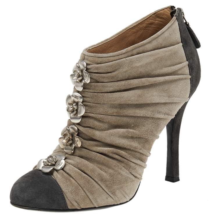 Chanel Grey Suede Cap Toe Camellia Flower Booties Size 38 Chanel
