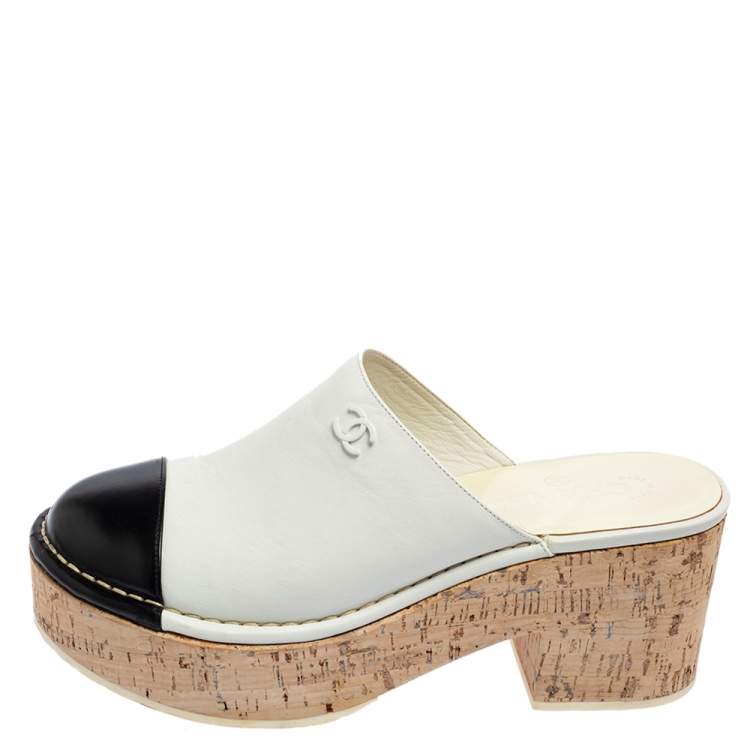 Chanel White/Black Leather CC Cap Toe Cork Platform Mule Sandals
