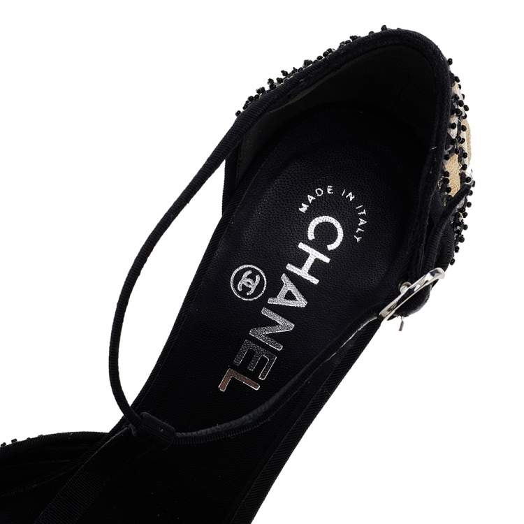Pre Owned Chanel Beige/Black Mesh And Fabric Ankle Strap Sandals Size 38