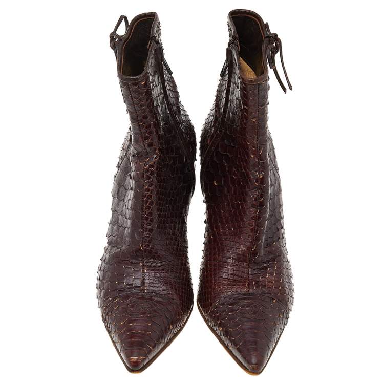 Pre Owned Chanel Dark Brown Python Leather Pointed Toe Ankle Length Boots Size 38.5