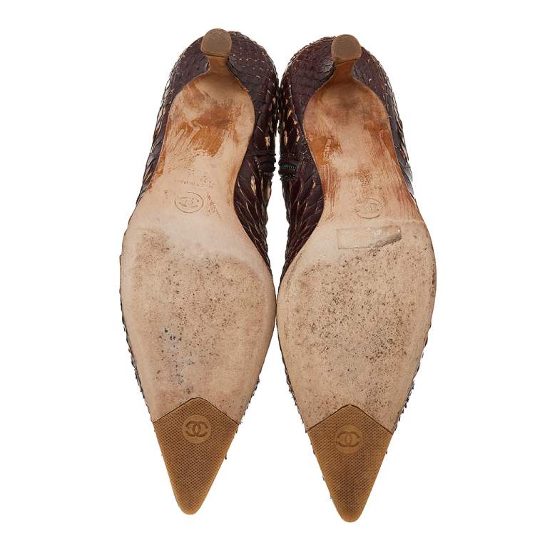 Pre Owned Chanel Dark Brown Python Leather Pointed Toe Ankle Length Boots Size 38.5