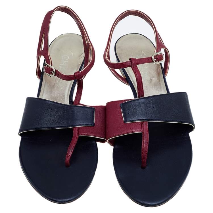 Pre Owned Chanel Burgundy/Black Leather CC T-Strap Sandals Size 39.5